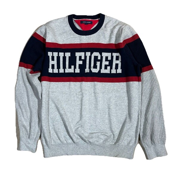 Tommy Hilfiger Men’s XL Spellout ColorBlock Sweater Gray Red Blue Stripe - Picture 1 of 9
